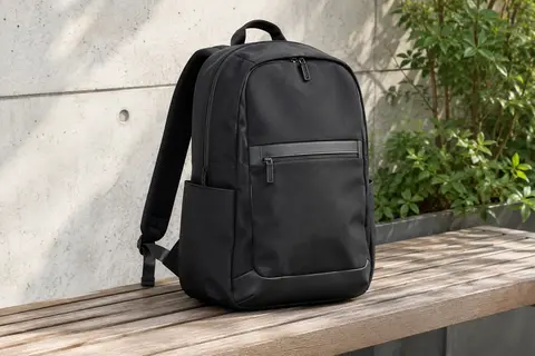 Sac à dos urbain noir en polyester posé sur un banc, avec poche avant et poches latérales visibles.