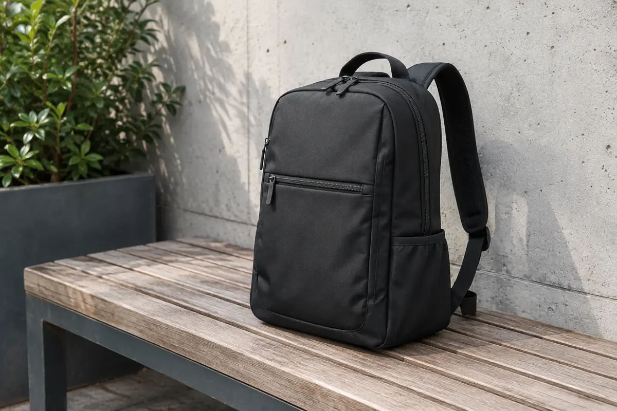 Sac à dos noir compact pour ordinateur, posé sur un banc en bois devant un mur de béton clair.