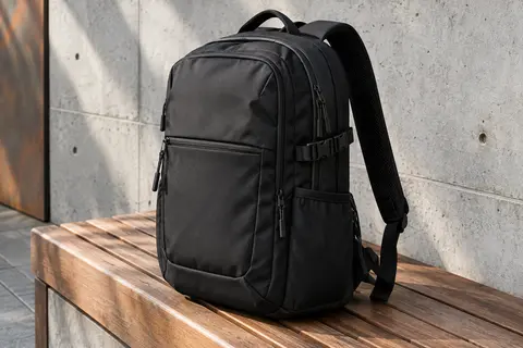 Sac à dos noir extensible pour ordinateur, posé sur un banc en bois devant un mur de béton clair.