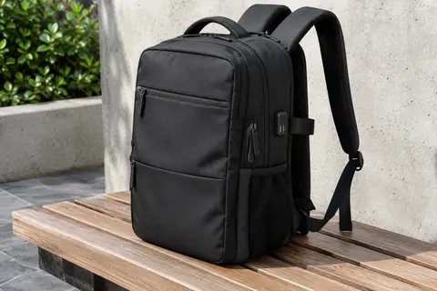 Sac à dos ordinateur noir posé sur un banc, avec ses bretelles rembourrées et ses ports USB visibles.