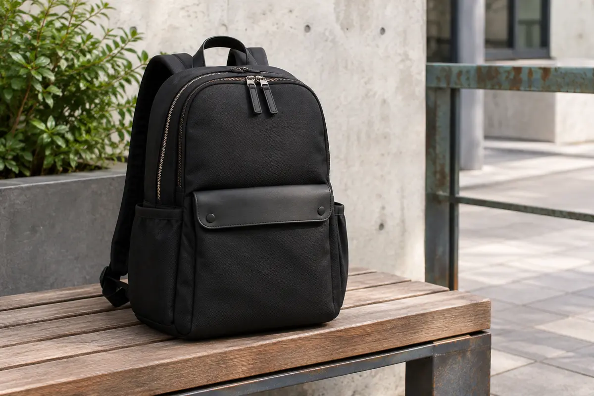 Sac à dos noir pour ordinateur posé sur un banc en bois, avec poches latérales et fermeture frontale visible.