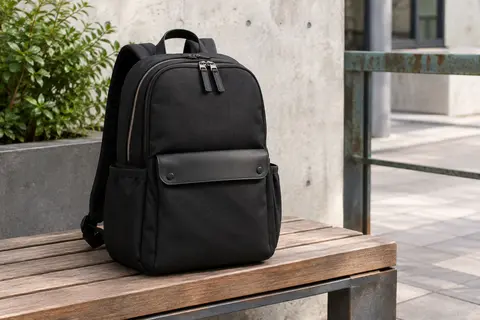 Sac à dos noir pour ordinateur posé sur un banc en bois, avec poches latérales et fermeture frontale visible.