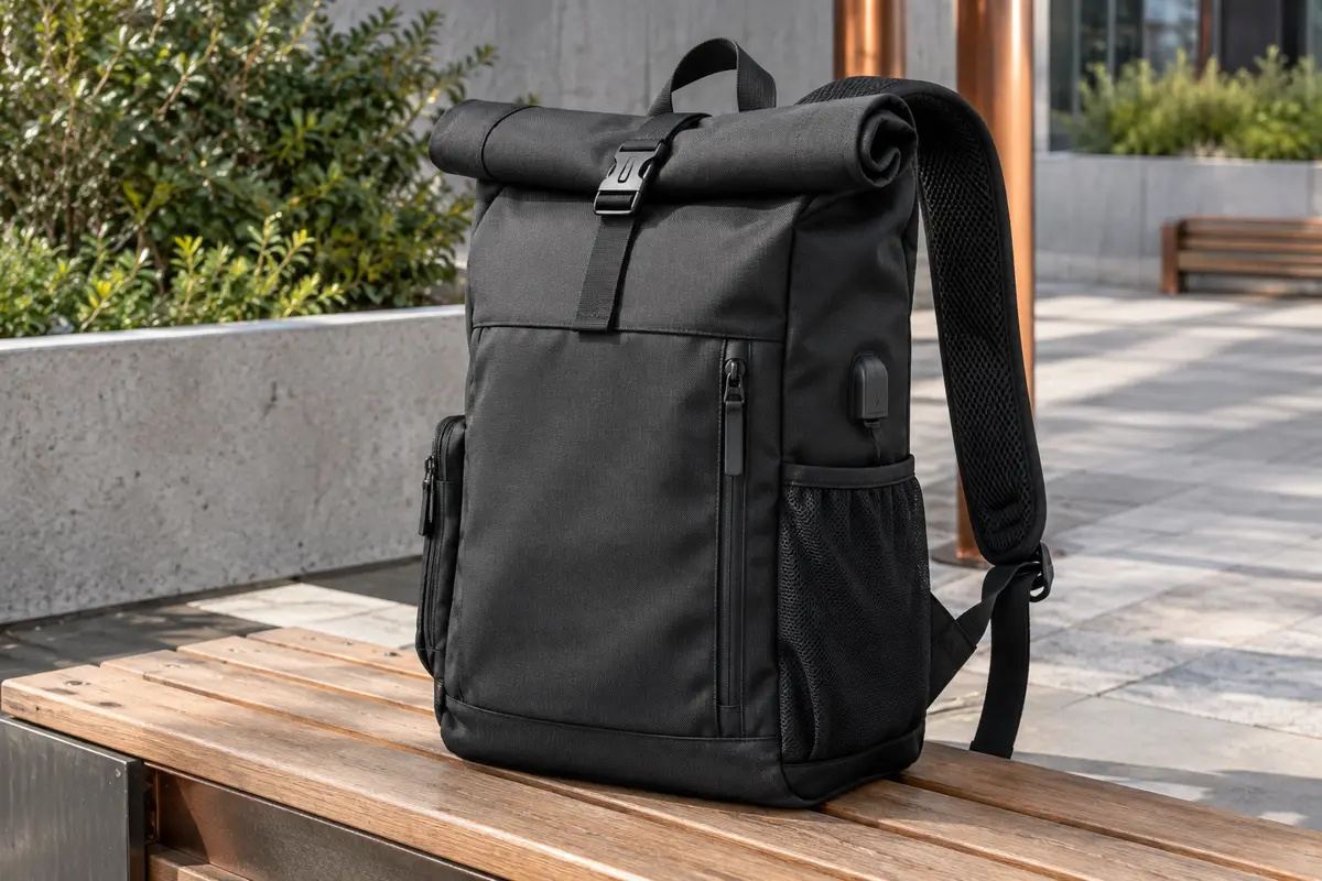 Sac à dos noir roll-top extensible avec poches latérales et compartiment ordinateur au dos
