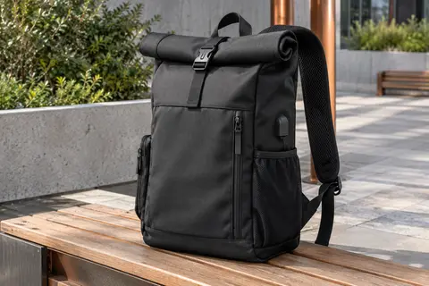 Sac à dos noir roll-top extensible avec poches latérales et compartiment ordinateur au dos