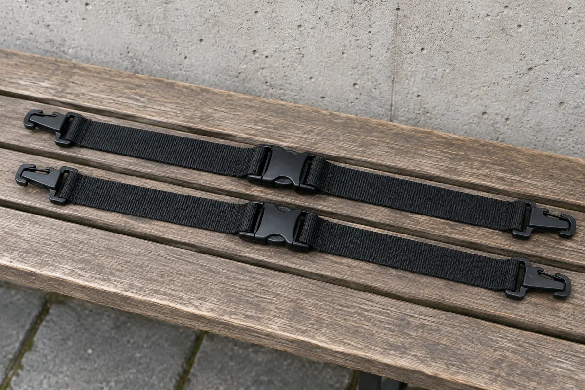 Deux sangles de poitrine noires identiques à boucle rapide, posées côte à côte sur un banc en bois