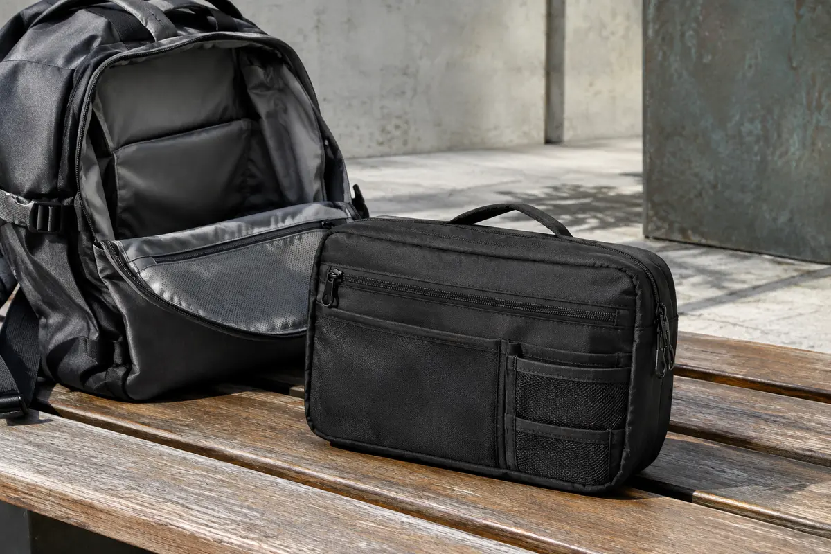 Organiseur compact noir à poches multiples posé près d’un sac à dos urbain ouvert