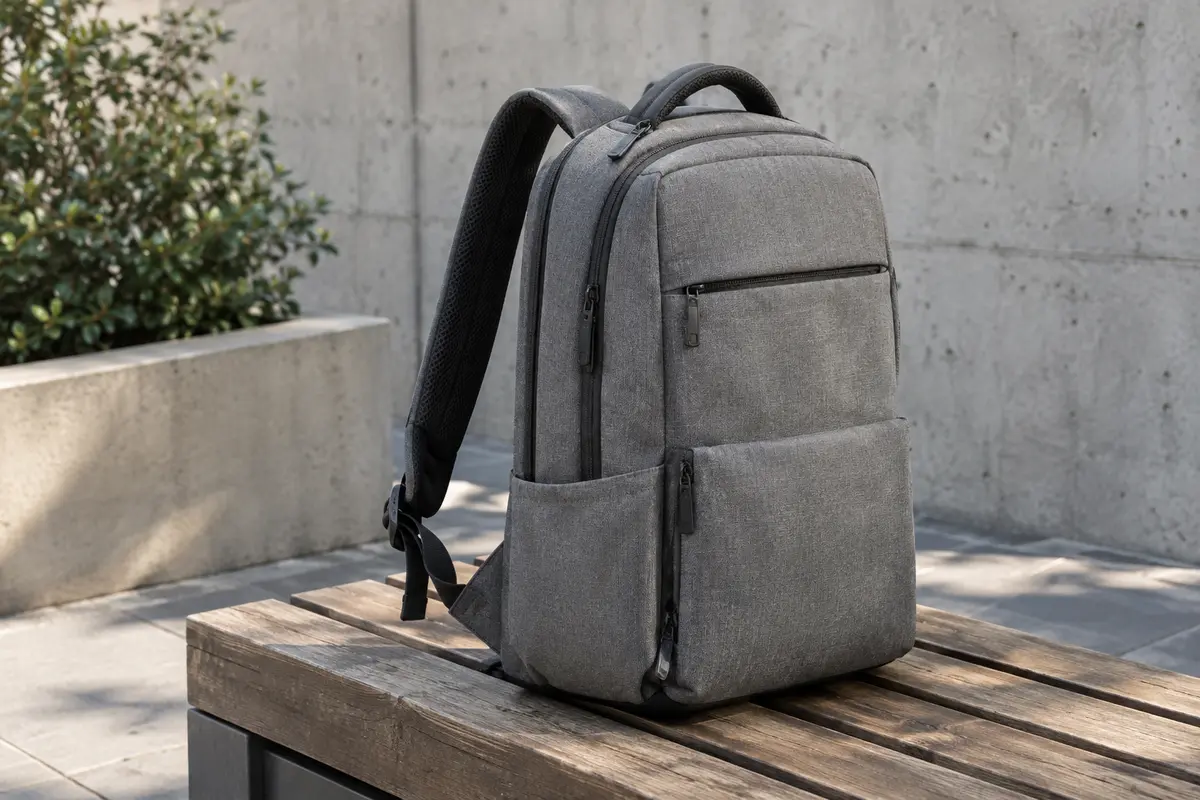 Sac à dos ordinateur gris posé sur un banc en bois devant un mur de béton clair