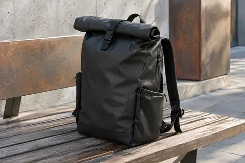 Sac à dos roll-top noir posé sur un banc en bois, avec son ouverture enroulée et ses poches visibles.
