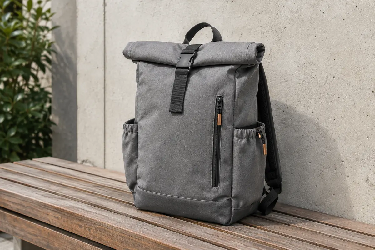 Sac à dos roll-top gris en polyester posé sur un banc en bois dans un décor urbain sobre