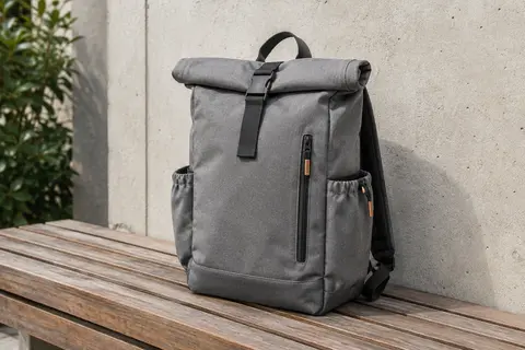 Sac à dos roll-top gris en polyester posé sur un banc en bois dans un décor urbain sobre