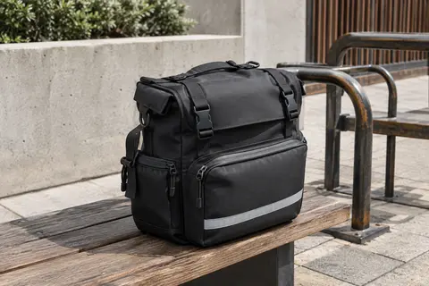 Sacoche de vélo noire convertible avec poches, bandes de fixation et grande surface réfléchissante