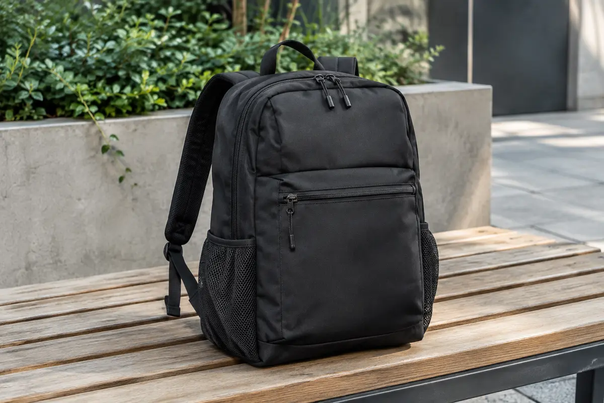 Sac à dos cabine noir en polyester posé sur un banc, avec poches visibles et bretelles rembourrées