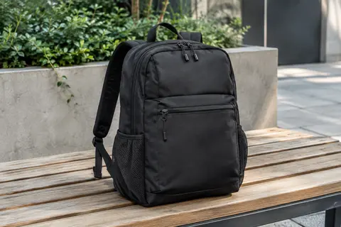 Sac à dos cabine noir en polyester posé sur un banc, avec poches visibles et bretelles rembourrées