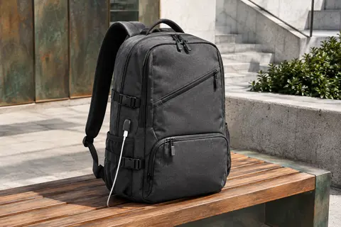 Sac à dos ordinateur gris foncé avec poche avant organisée et ports de recharge, posé sur un banc urbain.