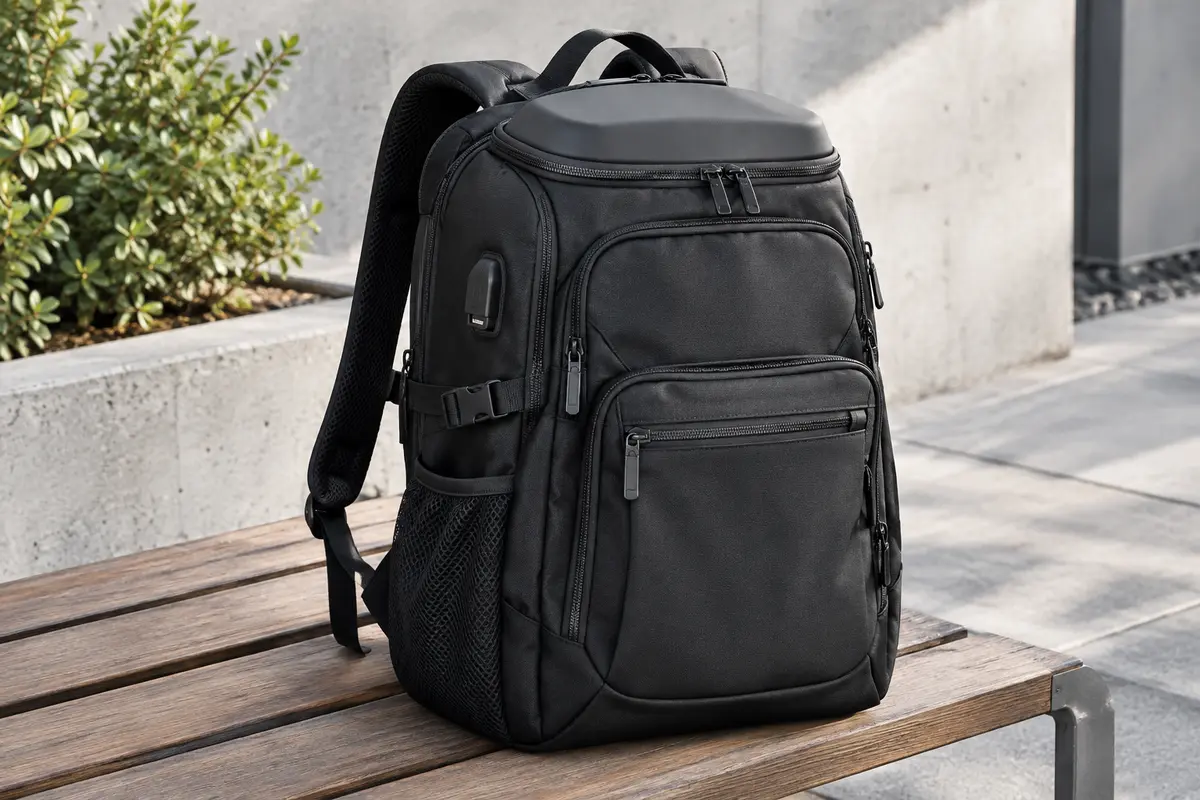 Sac à dos noir en nylon posé sur un banc en bois, avec poches zippées, port USB et dessus rigide.