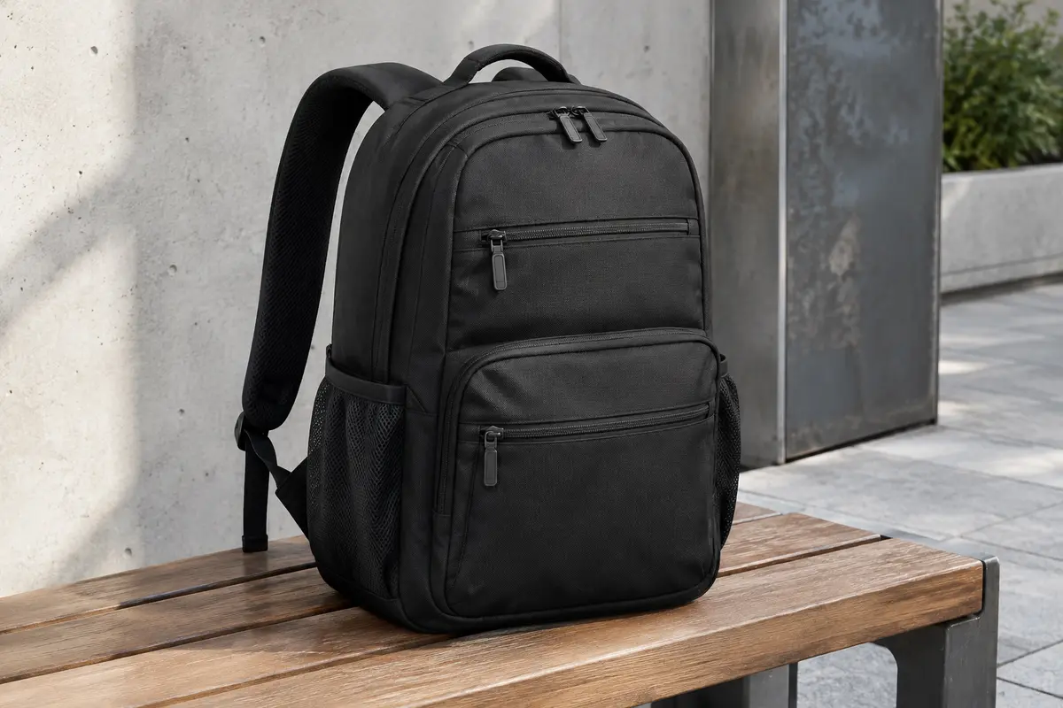 Sac à dos noir Kroser pour ordinateur, posé sur un banc avec ses poches et ses bretelles visibles.