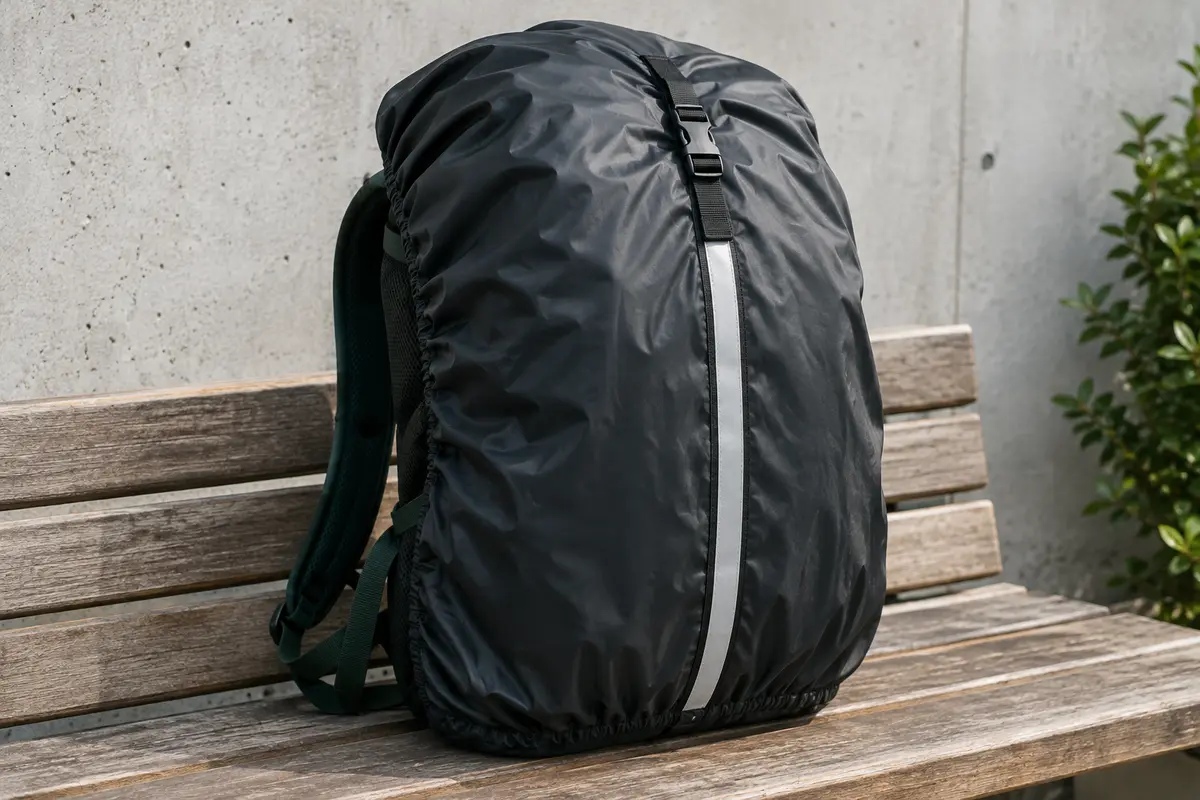 Housse de pluie noire avec bande réfléchissante installée sur un sac à dos posé sur un banc