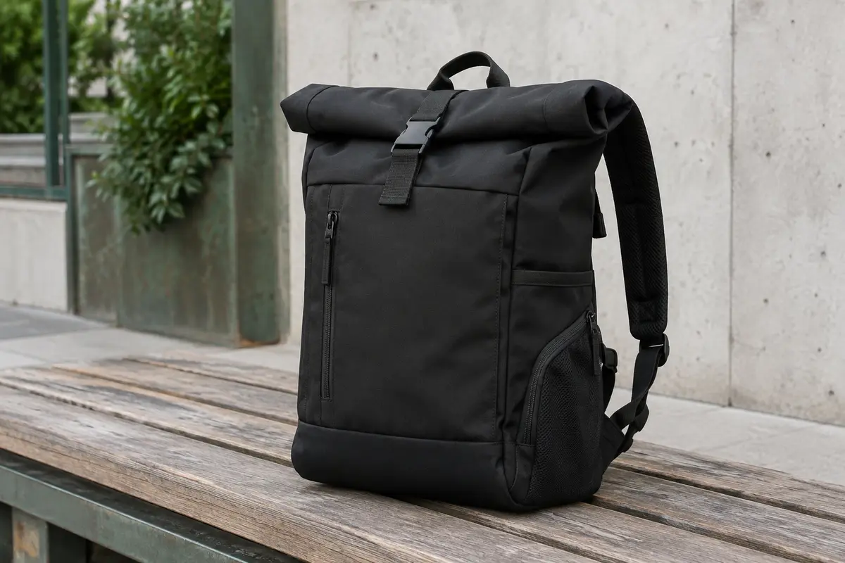 Sac à dos roll-top noir en polyester posé sur un banc en bois dans un décor urbain sobre.