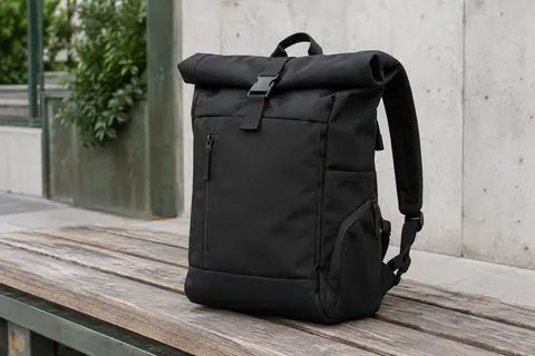 Sac à dos roll-top noir en polyester posé sur un banc en bois dans un décor urbain sobre.