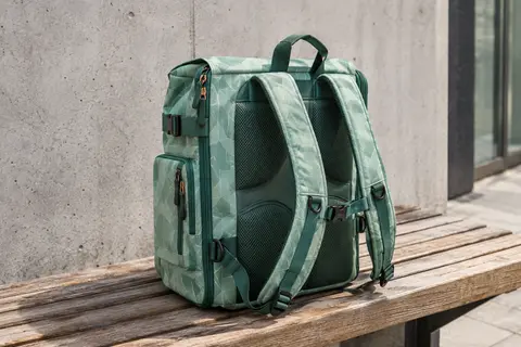 Sacoche vélo convertible en sac à dos, en polyester menthe, posée sur un banc urbain.
