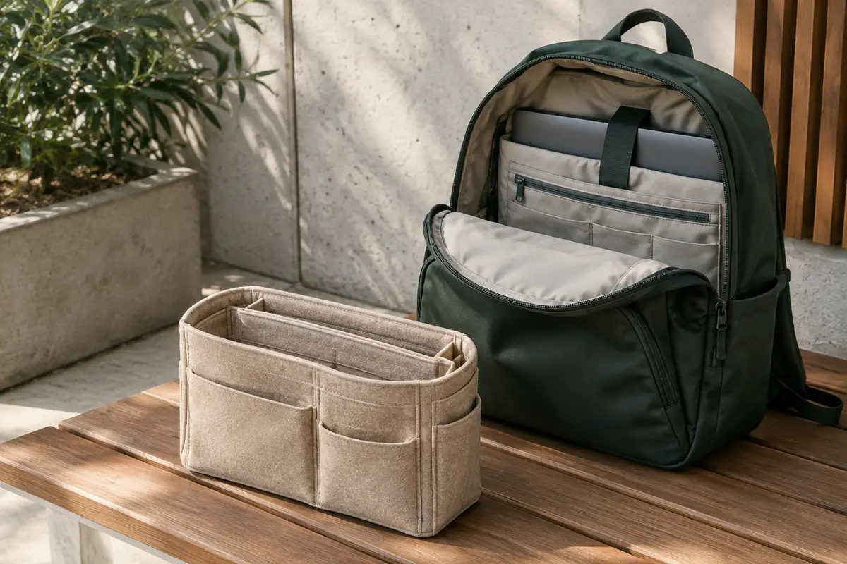 Organiseur de sac à dos en feutre beige à poches, posé à côté d’un sac urbain ouvert.