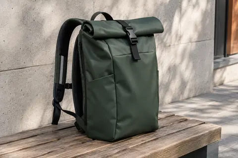Sac à dos roll-top vert foncé avec fermeture extensible, bretelles rembourrées et bandes réfléchissantes, posé sur un banc en bois.