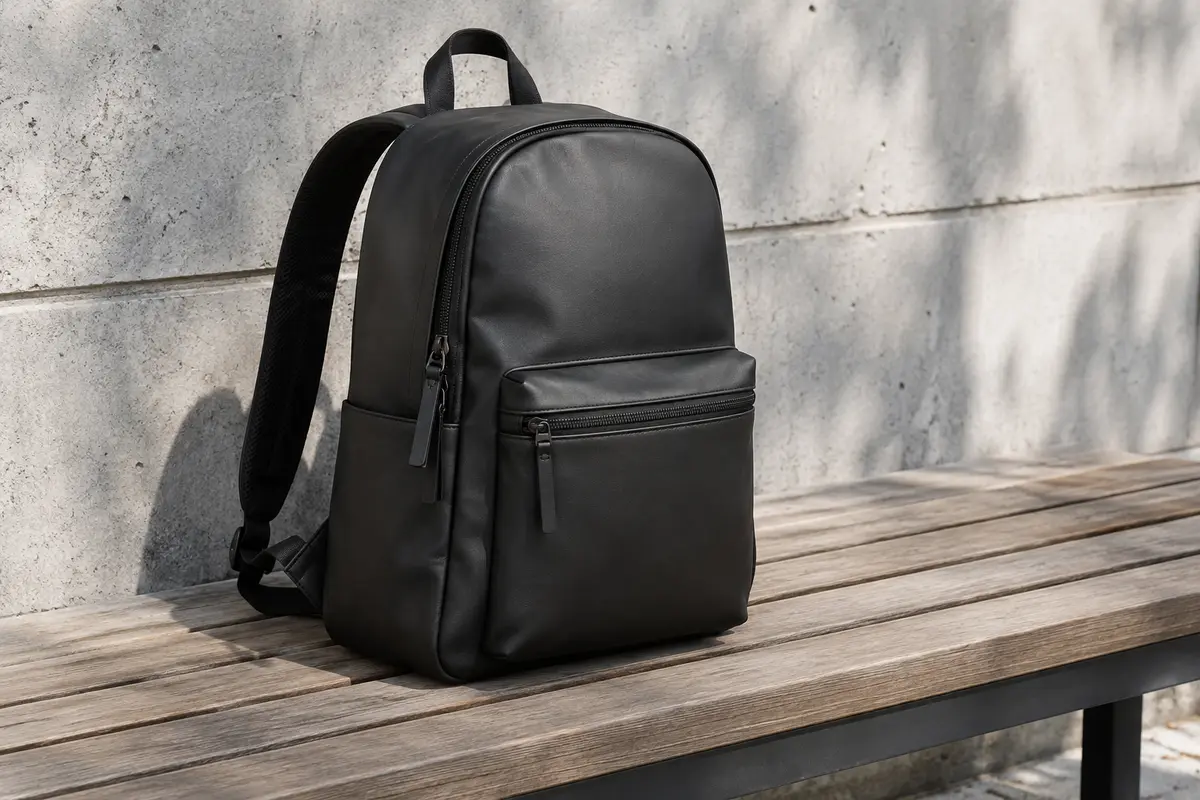 Sac à dos urbain noir effet cuir mat posé sur un banc, avec ses bretelles et ses poches visibles
