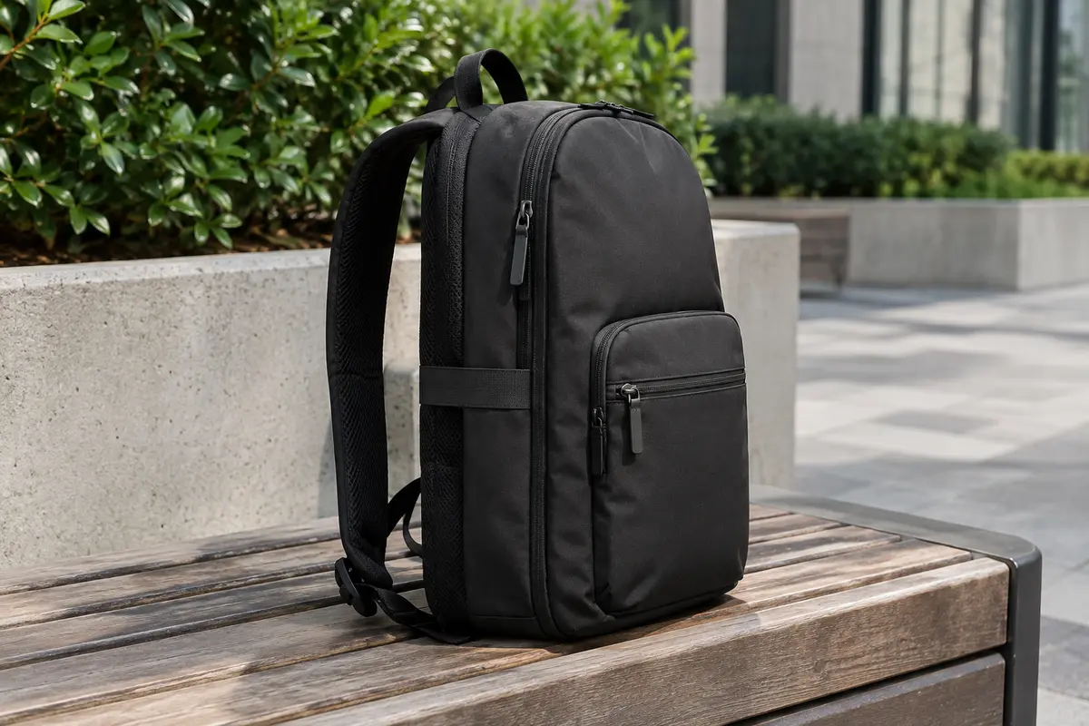 Sac à dos ordinateur noir en nylon posé sur un banc, avec poche avant et profil fin visibles