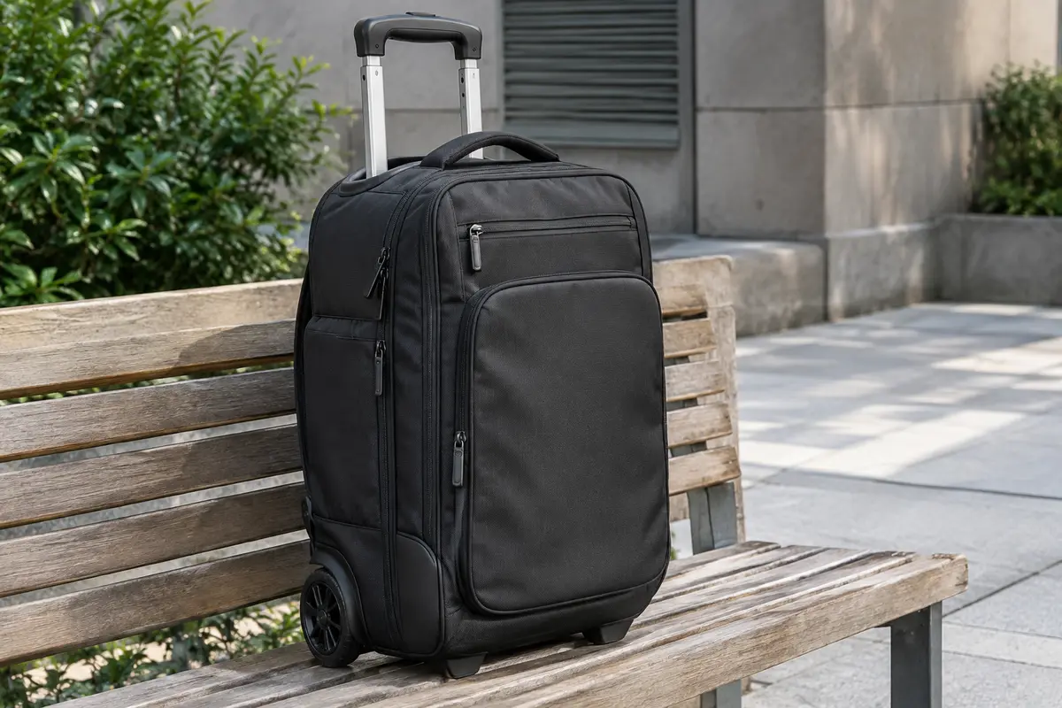 Sac à dos à roulettes noir avec poches zippées, poignée réglable et roues en caoutchouc