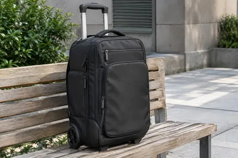 Sac à dos à roulettes noir avec poches zippées, poignée réglable et roues en caoutchouc