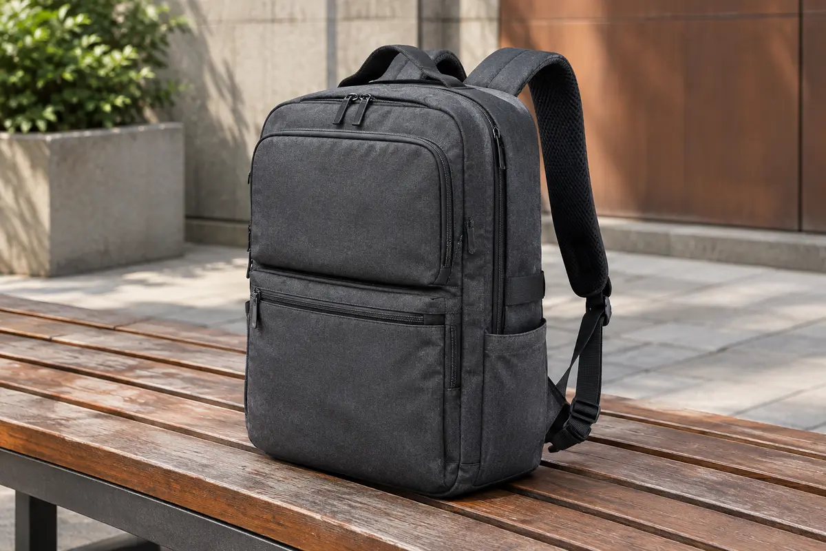 Sac à dos cabine gris foncé posé sur un banc, avec poches, bretelles et fermetures visibles.