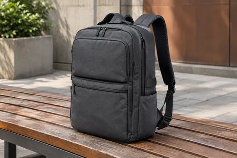 Sac à dos cabine gris foncé posé sur un banc, avec poches, bretelles et fermetures visibles.
