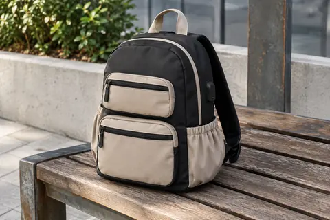 Mini sac à dos urbain noir et beige en nylon, posé sur un banc en bois avec ses poches zippées visibles.