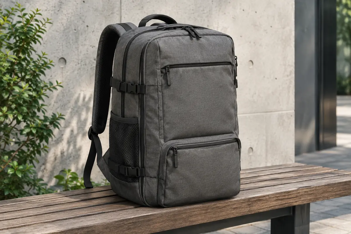 Sac à dos cabine gris en polyester posé sur un banc, avec poches zippées et ouverture de voyage