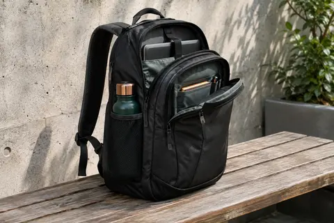 Sac à dos urbain noir en polyester posé sur un banc, avec sa poche latérale et ses compartiments visibles.