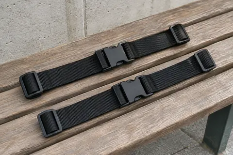 Deux sangles de poitrine noires à boucle à dégagement rapide et fixations coulissantes, posées côte à côte sur un banc en bois
