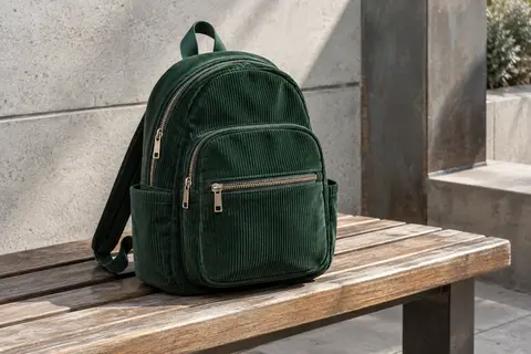 Petit sac à dos vert en velours côtelé posé sur un banc, avec poches frontales et fermetures métalliques