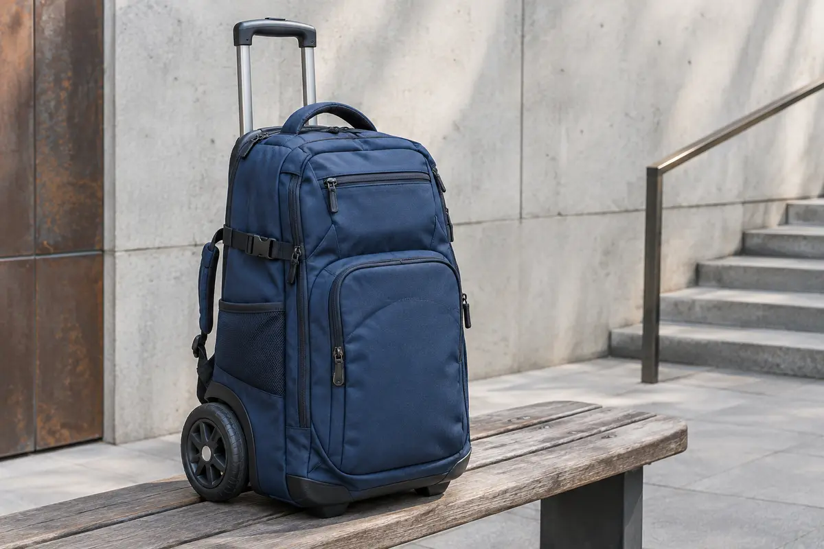 Sac à dos bleu à roulettes avec poignée télescopique et compartiments zippés, posé sur un banc en bois