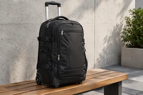 Sac à dos de voyage noir à roulettes, avec poignée télescopique et compartiment pour ordinateur