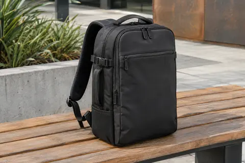 Sac à dos cabine noir extensible posé sur un banc, avec ses poches, ses poignées et ses bretelles visibles.