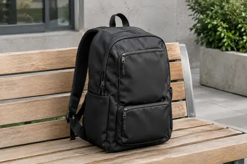 Sac à dos ordinateur noir Matein posé sur un banc en bois, avec ses poches et ses fermetures visibles.