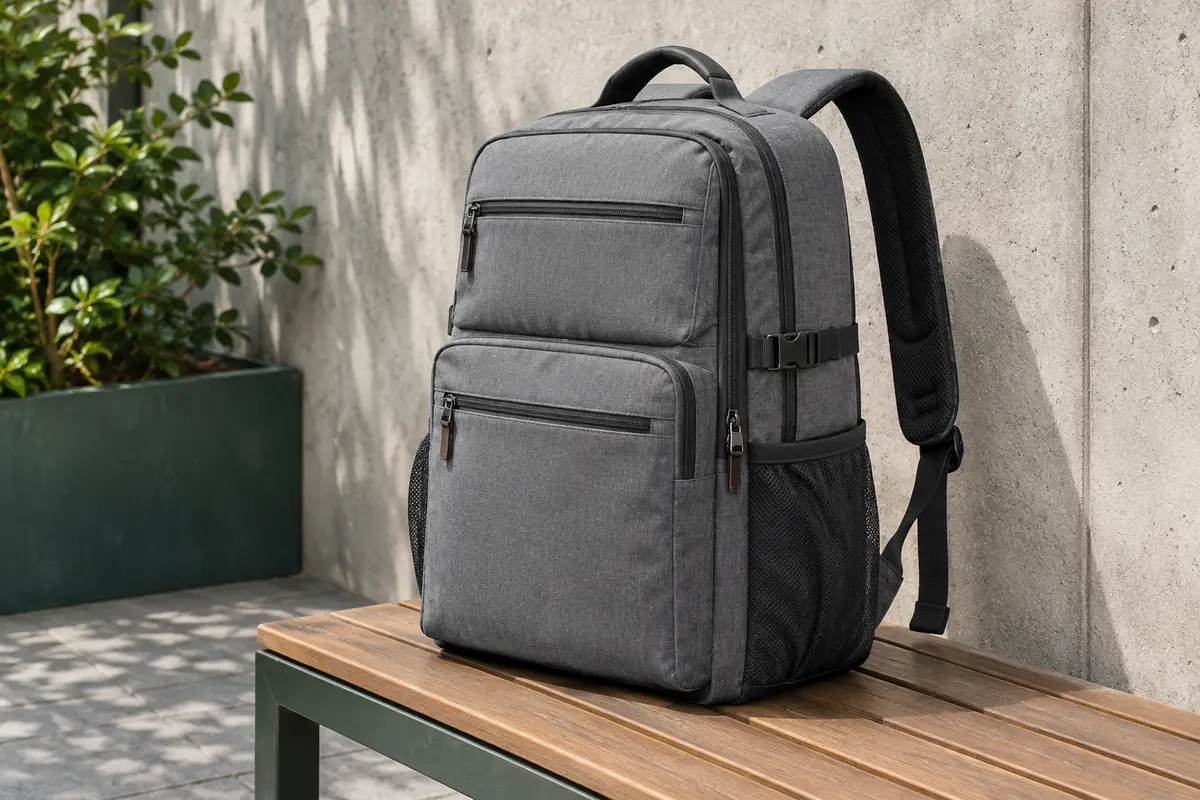 Sac à dos Matein gris avec compartiments zippés, poches latérales en filet et bretelles rembourrées