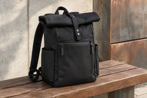 Sac à dos MoFut noir à ouverture roll-top, poches zippées et bretelles réglables sur un banc urbain.