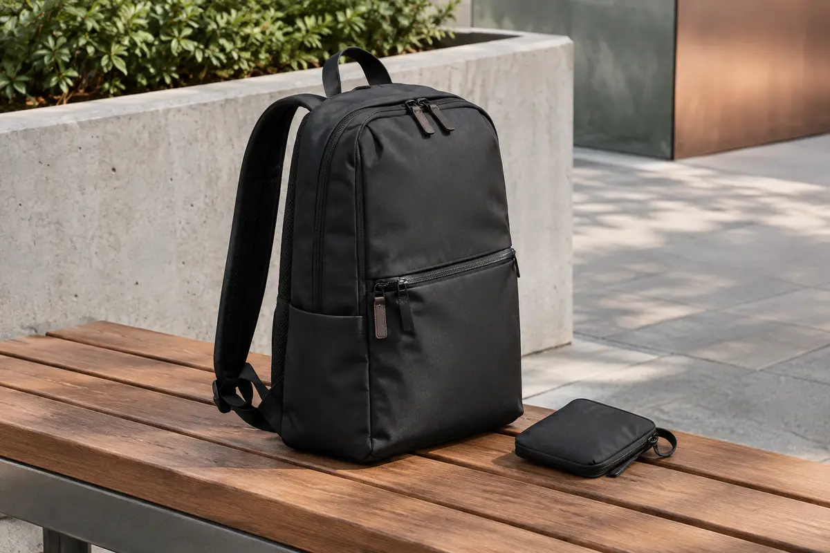 Sac à dos antivol noir en nylon posé sur un banc, avec sa petite pochette assortie visible à côté.