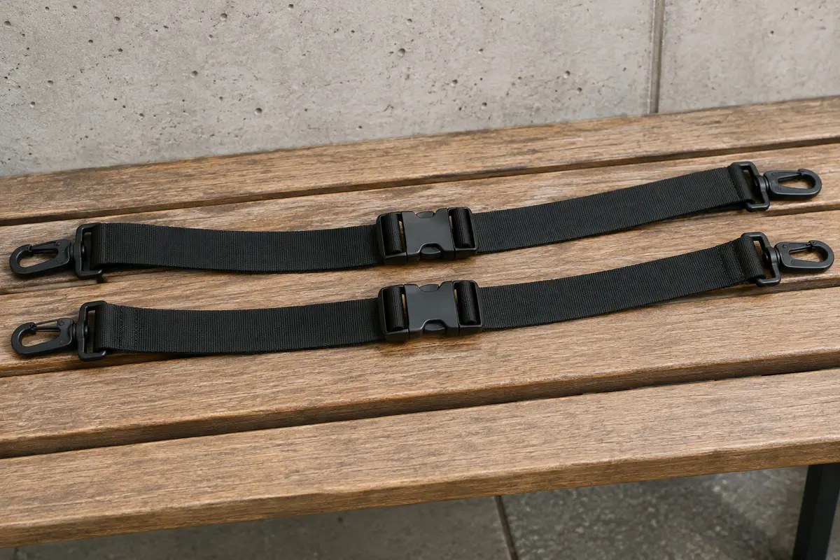 Deux longues sangles de poitrine noires à boucle à dégagement rapide, posées en courbes parallèles sur un banc en bois