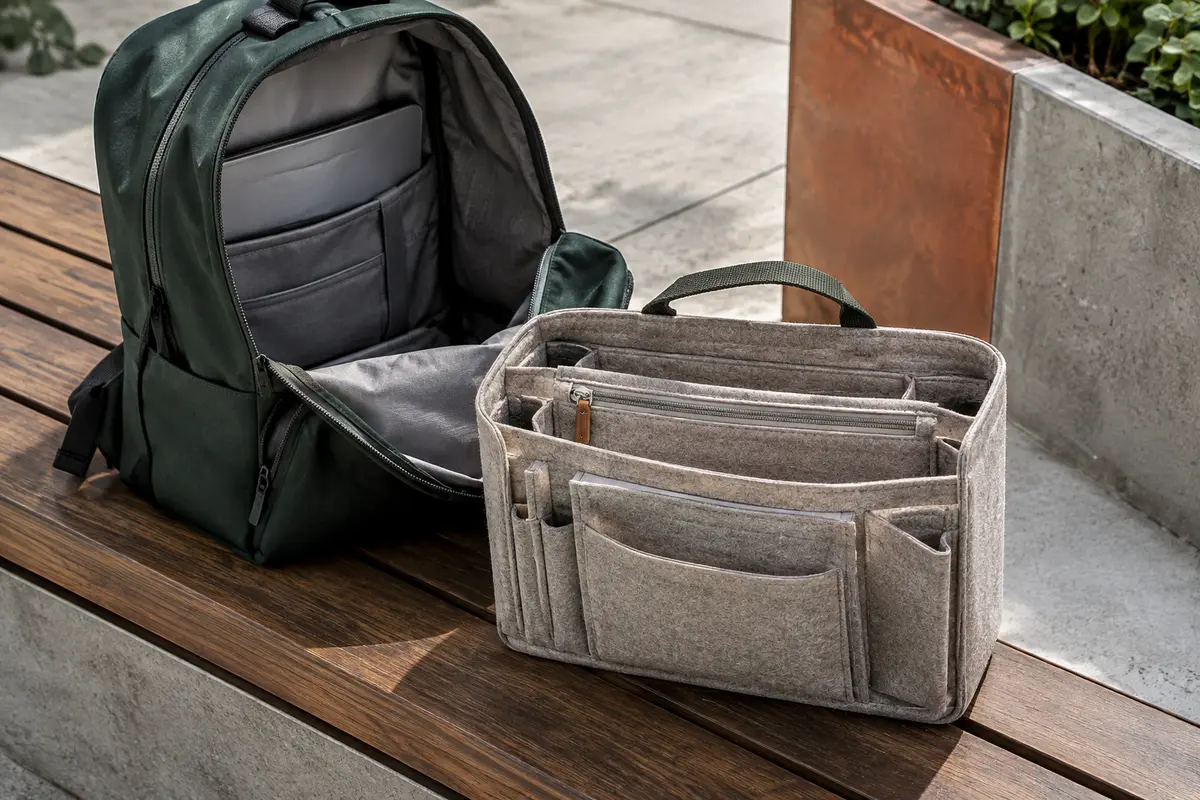 Organiseur de sac à dos en feutre avec poches variées et pochette centrale zippée