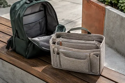 Organiseur de sac à dos en feutre avec poches variées et pochette centrale zippée