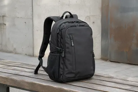 Sac à dos cabine noir posé sur un banc, avec poches zippées, bretelles rembourrées et sangle pour valise.