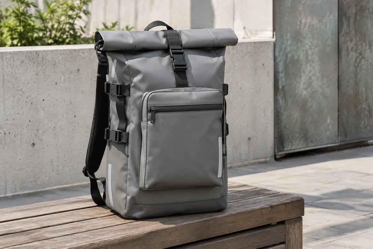 Sacoche de vélo grise en PU avec fermeture rolltop et poche avant, posée sur un banc urbain.