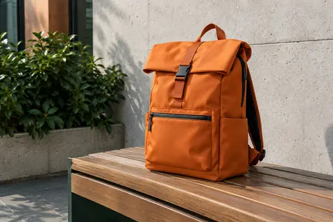 Sac à dos convertible orange RisePlus posé sur un banc, avec ses poches zippées et ses bretelles réglables